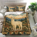 Alpaca bedding set presented in a bright bedroom with matching pillows and detailed mountain landscape artwork