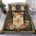 Alpaca duvet cover set with floral wreath artwork, dark background, matching pillows, and decorative border