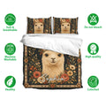 Alpaca bedding set displayed on a bed with floral artwork, breathable fabric, and machine-washable care icons