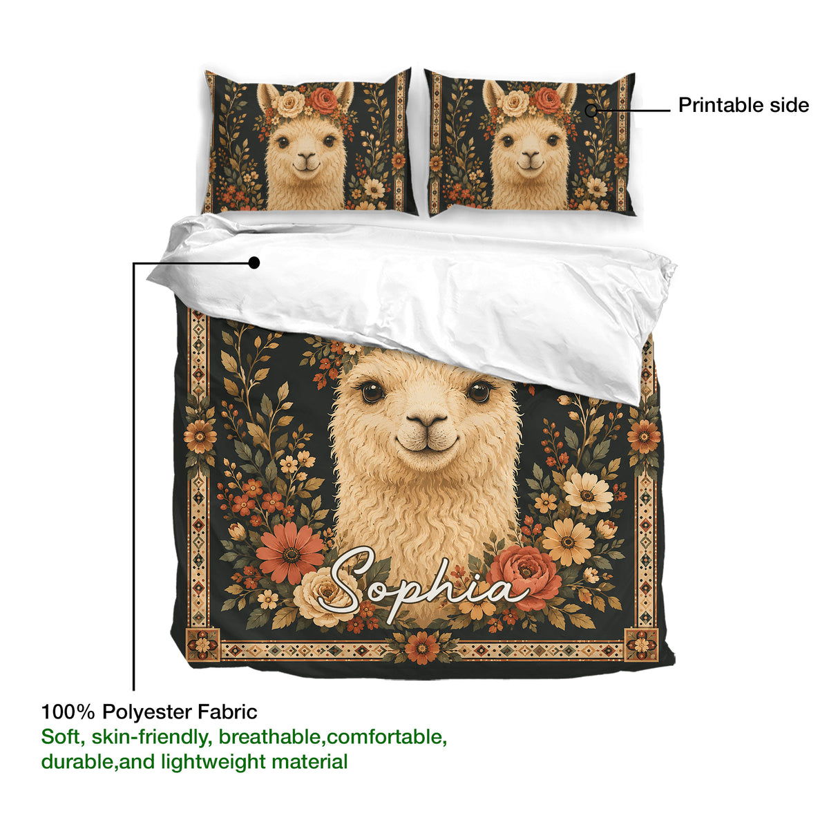 Alpaca duvet cover bedding set showing the printed side, soft polyester fabric, and floral border artwork