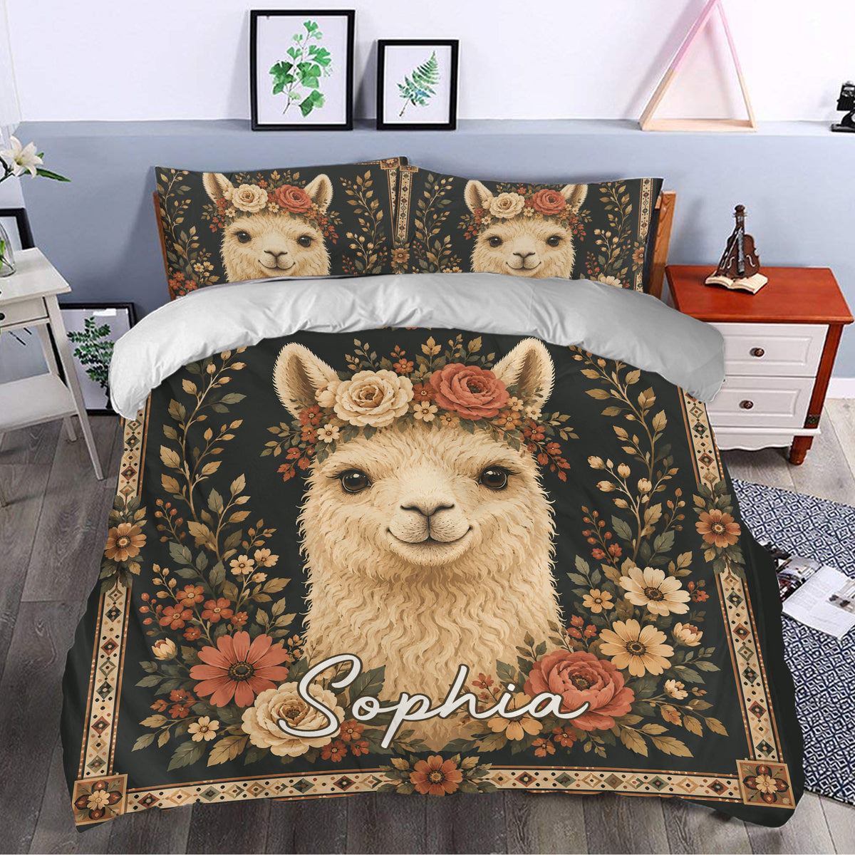 Floral alpaca duvet cover styled in a bright bedroom with matching pillows and ornate decorative trim