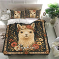 Custom alpaca bedding set in a modern bedroom, featuring a large floral alpaca portrait and coordinating pillows