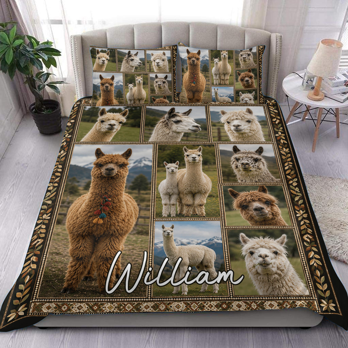 Alpaca duvet cover set displayed on a bed with realistic alpaca portraits, mountain scenery, and rustic borders