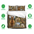 Alpaca bedding set shown with matching pillowcases, breathable fabric icons, and a collage-style animal design