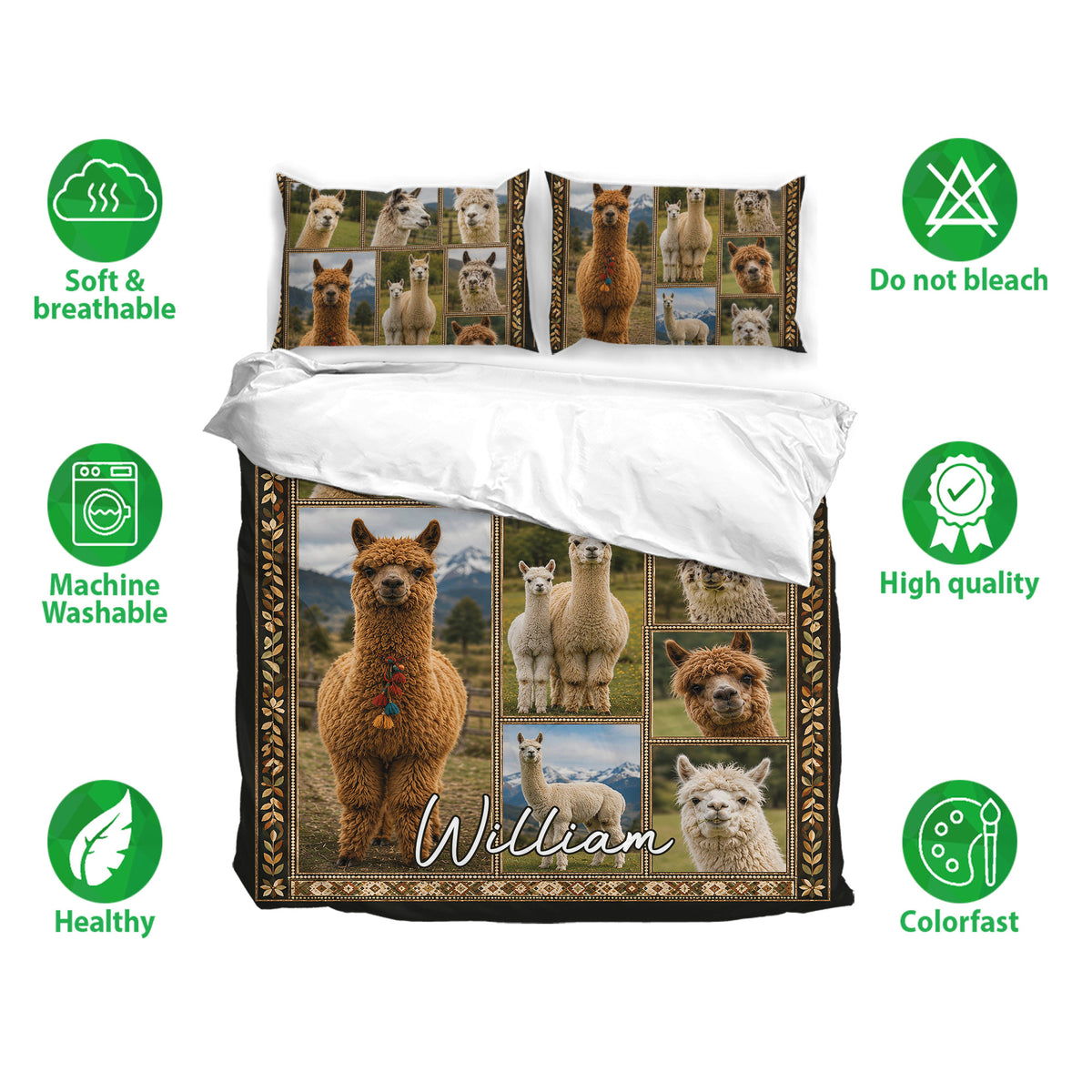 Alpaca bedding set shown with matching pillowcases, breathable fabric icons, and a collage-style animal design