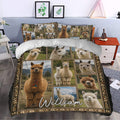 Alpaca duvet cover styled in a bedroom with mountain scenes, framed animal portraits, and earthy decorative borders