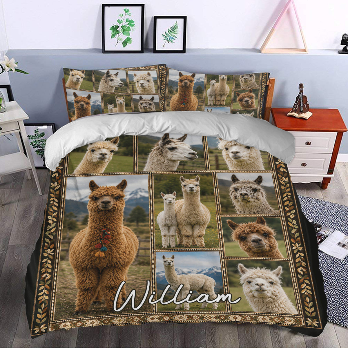 Alpaca duvet cover styled in a bedroom with mountain scenes, framed animal portraits, and earthy decorative borders