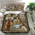 Rustic alpaca bedding set presented in a bright bedroom with matching pillowcases and realistic alpaca artwork