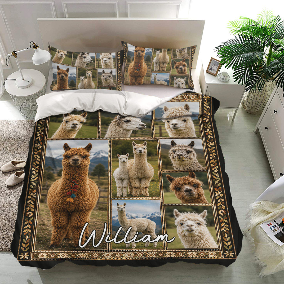 Rustic alpaca bedding set presented in a bright bedroom with matching pillowcases and realistic alpaca artwork