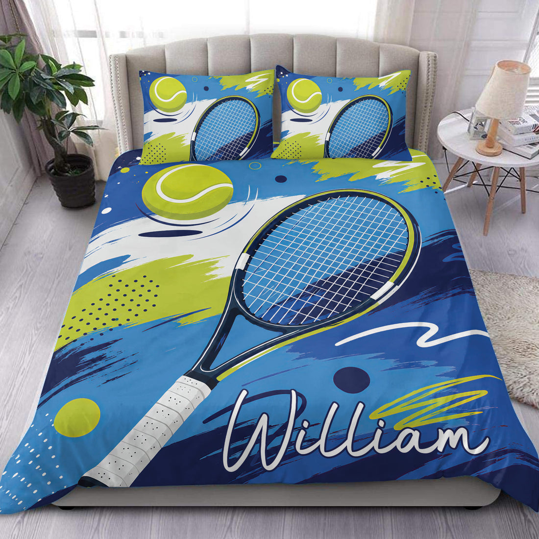 Tennis duvet cover set displayed on a bed with blue, lime green, and white racket artwork