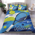 Tennis duvet cover set displayed on a bed with blue, lime green, and white racket artwork