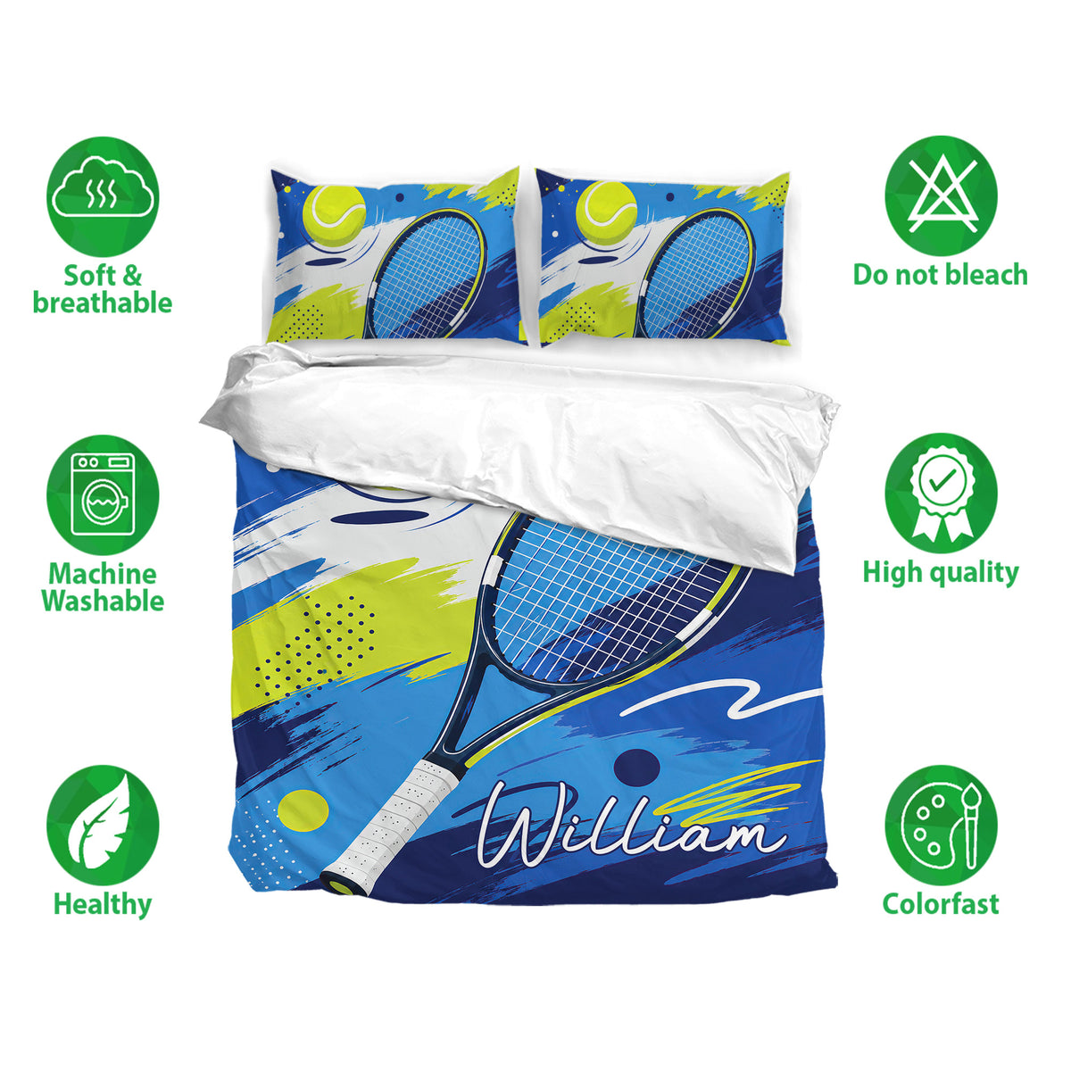 Tennis bedding set display with racket and ball artwork plus breathable, washable care icons
