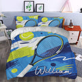 Tennis duvet cover bedding set styled in a bedroom with bold blue and lime green sports artwork
