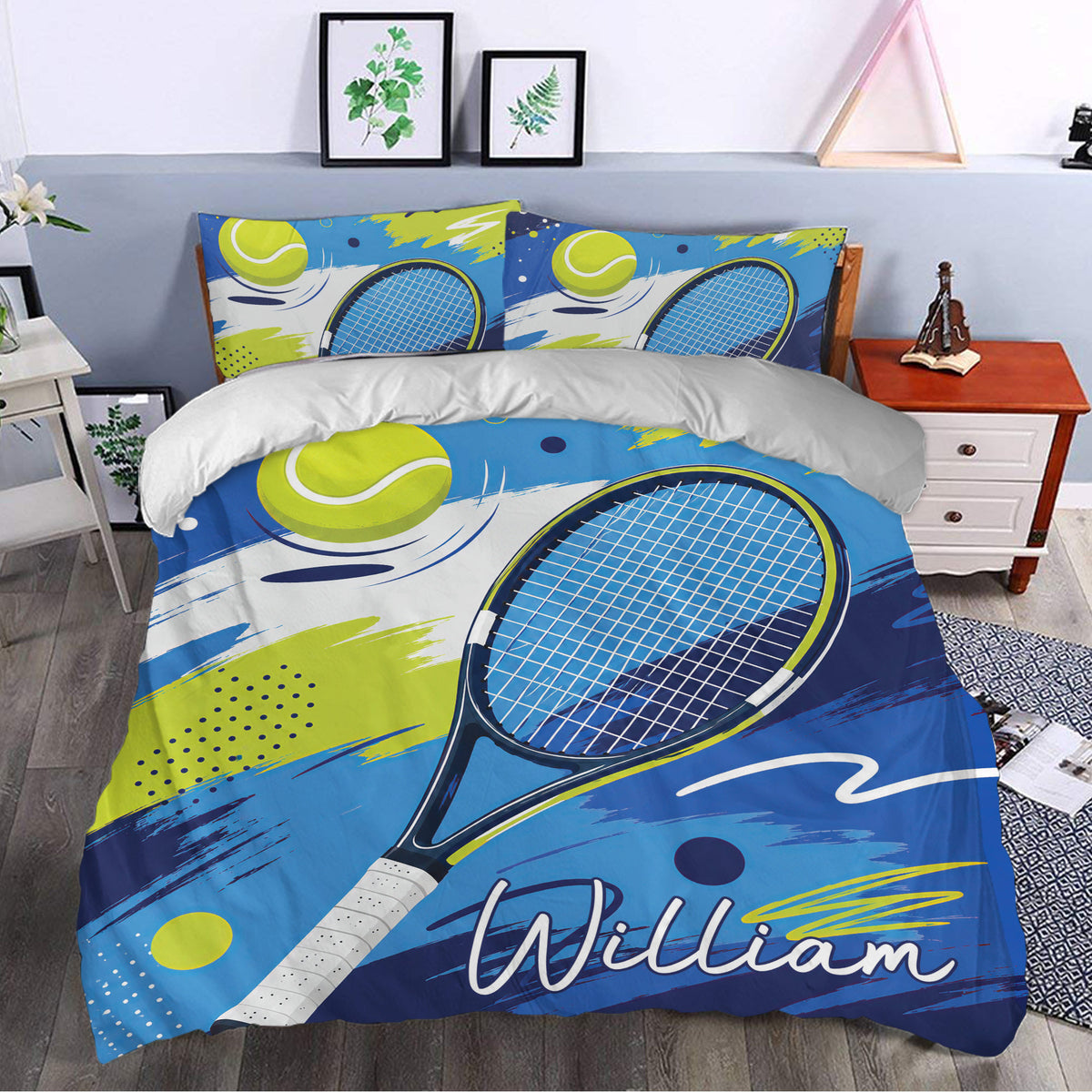 Tennis duvet cover bedding set styled in a bedroom with bold blue and lime green sports artwork