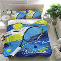 Tennis bedding set in a bright bedroom featuring racket, tennis ball, and dynamic brushstroke graphics