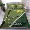 Tennis duvet cover set displayed on a bed with green court artwork, rackets, and bright tennis balls