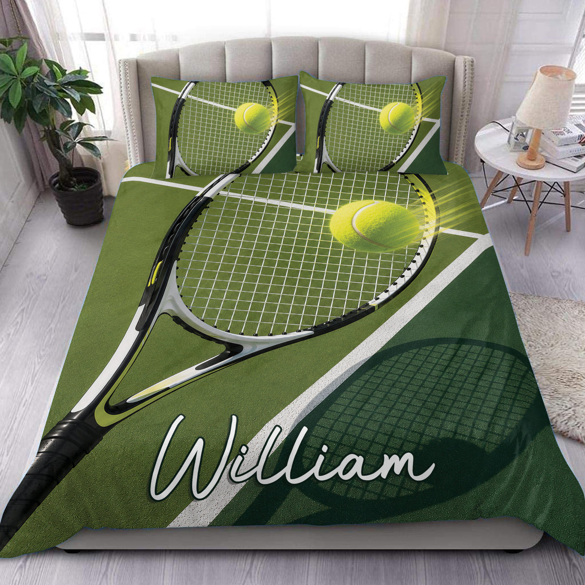 Tennis duvet cover set displayed on a bed with green court artwork, rackets, and bright tennis balls