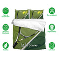 Tennis bedding set with green court and racket artwork shown with breathable, washable fabric features