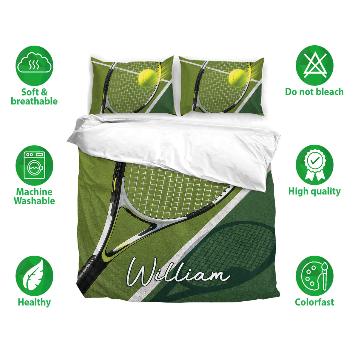 Tennis bedding set with green court and racket artwork shown with breathable, washable fabric features
