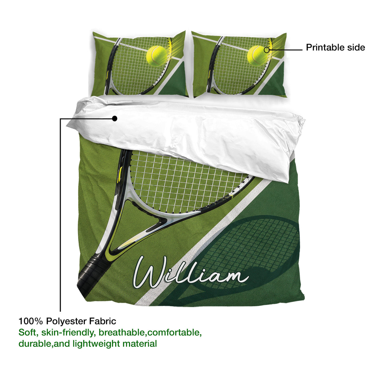 Tennis duvet cover bedding set showing the printable side and soft polyester fabric construction