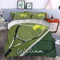 Green tennis duvet cover set styled in a bedroom with racket, tennis ball, and court artwork