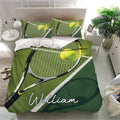 Tennis bedding set displayed in a bright bedroom with green court graphics and tennis racket details