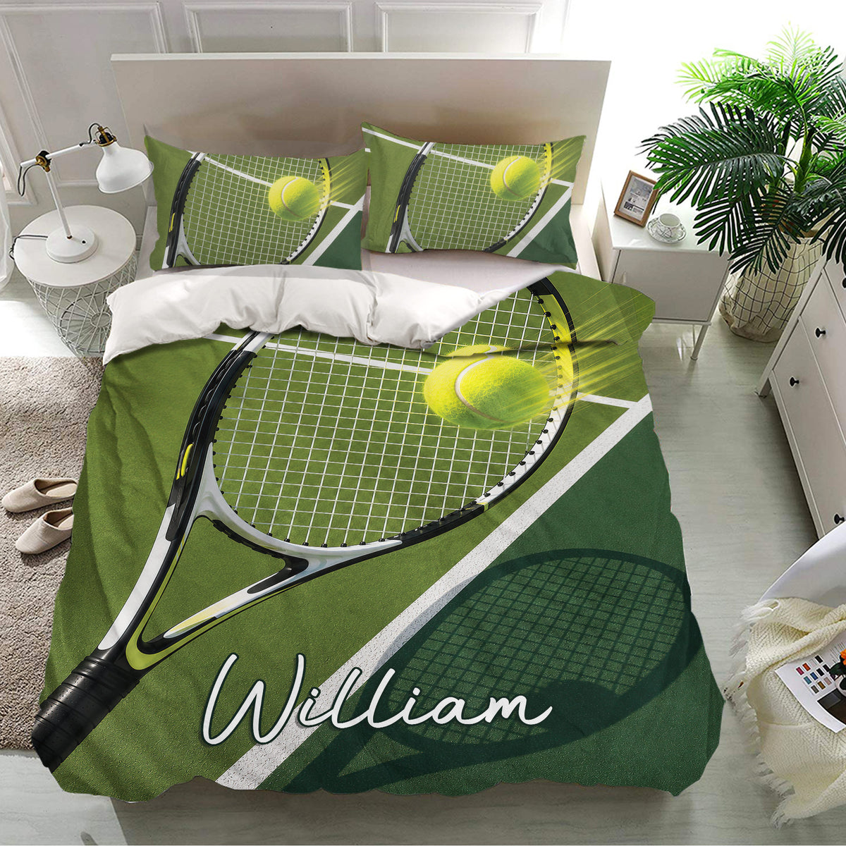 Tennis bedding set displayed in a bright bedroom with green court graphics and tennis racket details