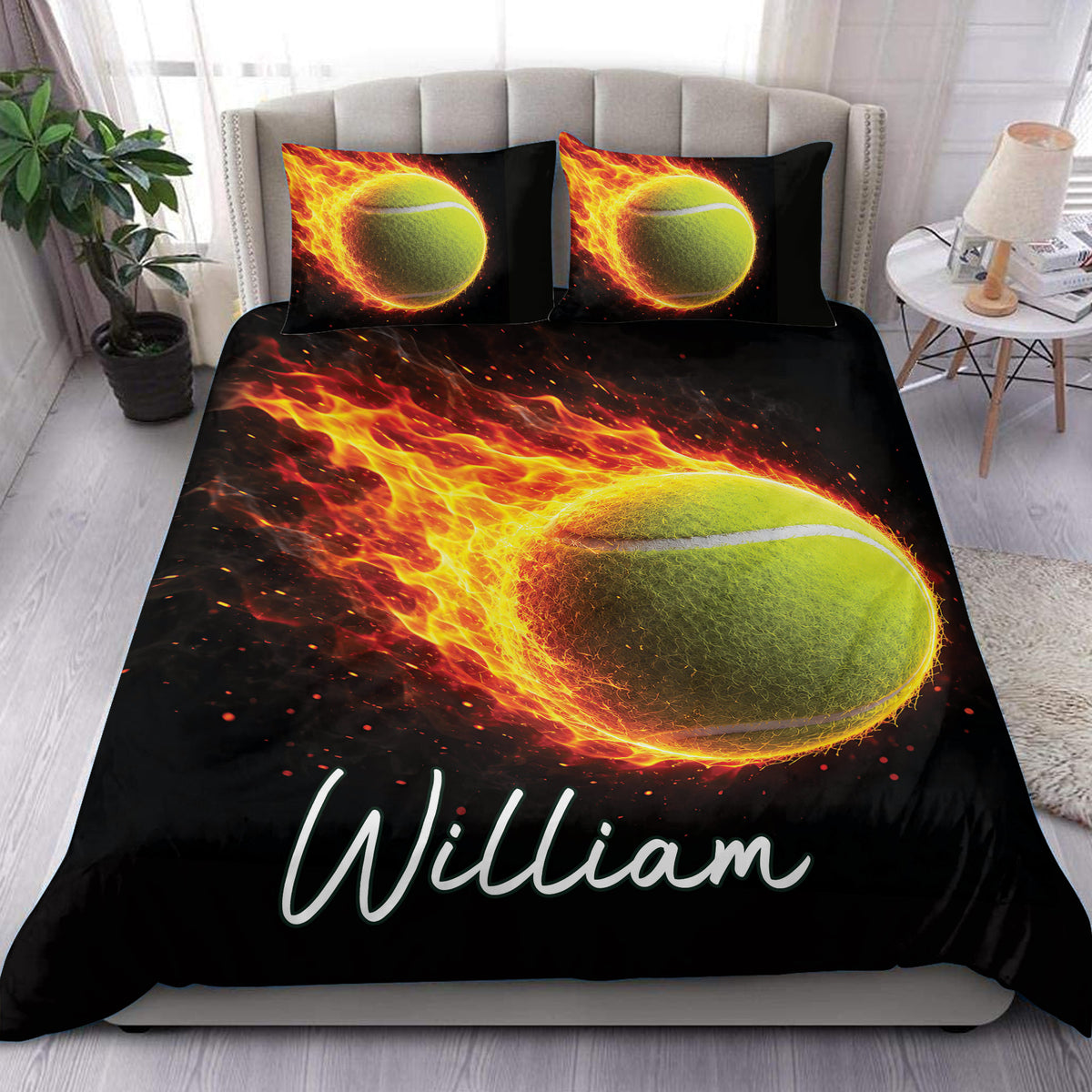 Tennis duvet cover bedding set with a flaming tennis ball design in a modern bedroom