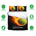 Tennis bedding set featuring fiery green tennis balls on a black duvet cover and pillowcases