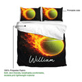 Tennis duvet cover set display with a bold flaming ball artwork and black background