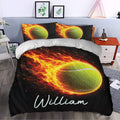 Tennis duvet cover bedding set styled in a bedroom with vivid fire-inspired sports artwork