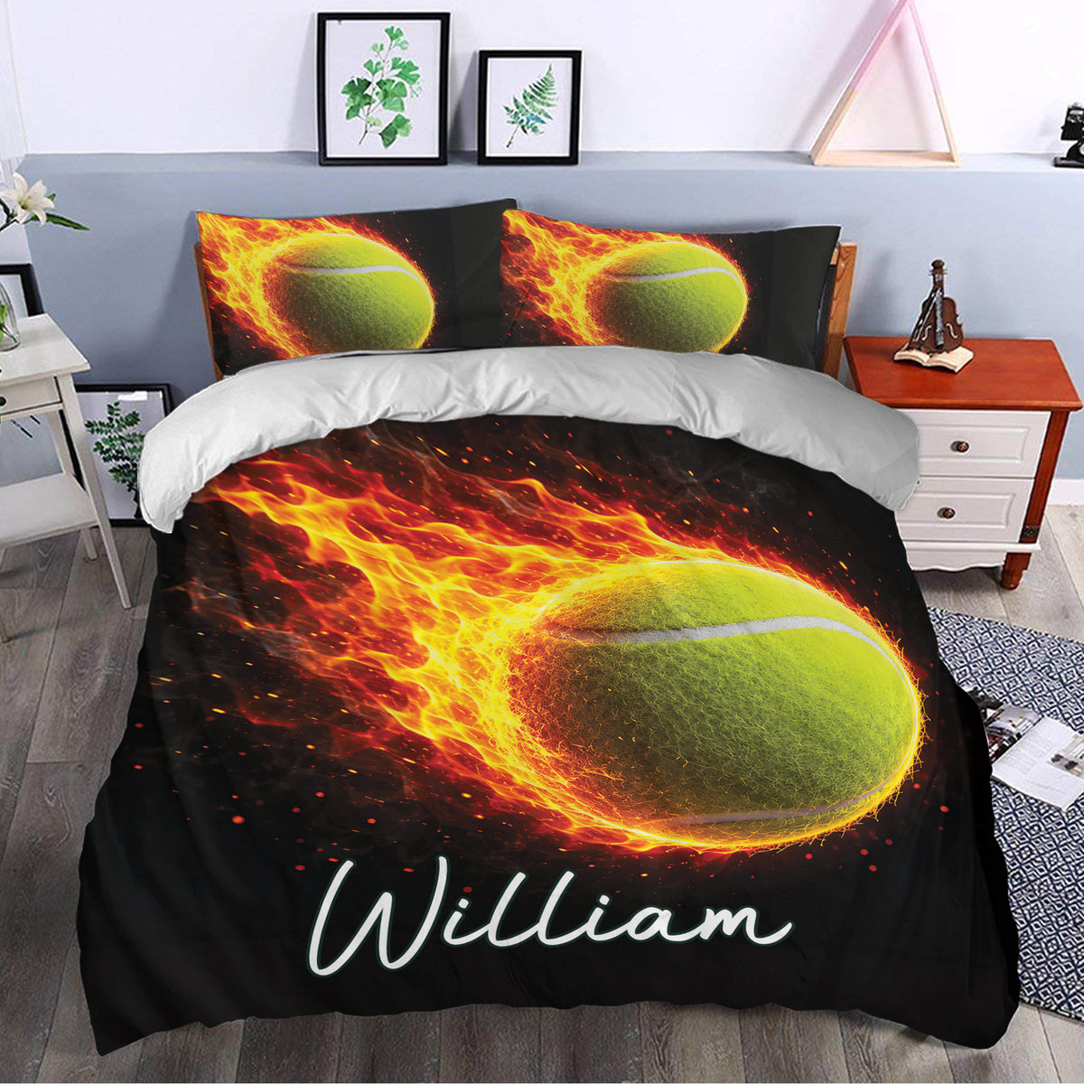 Tennis duvet cover bedding set styled in a bedroom with vivid fire-inspired sports artwork