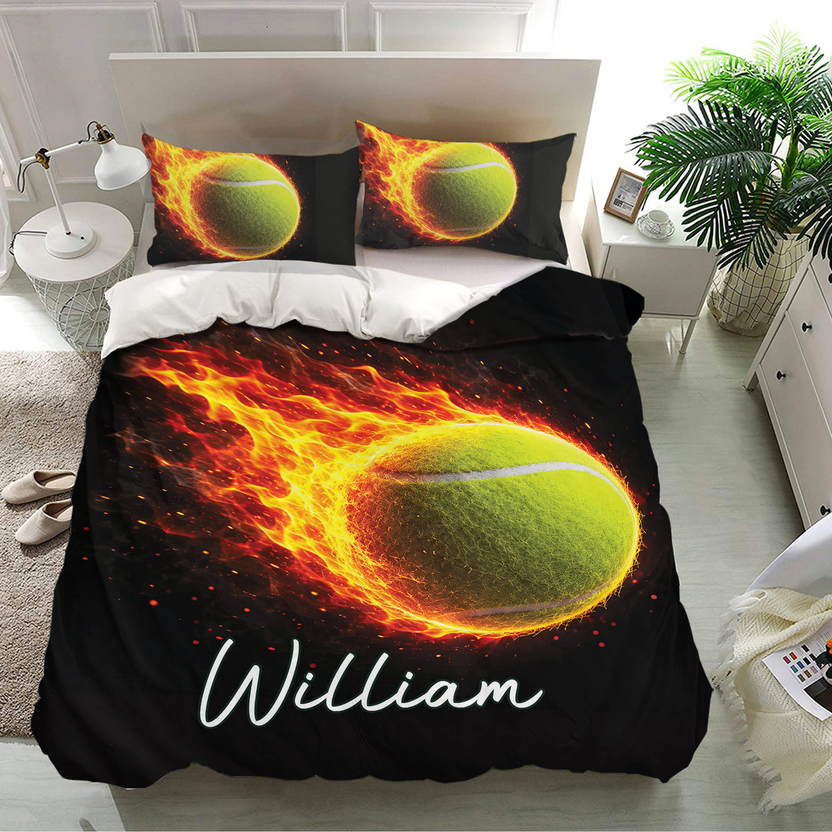 Tennis bedding set with oversized flaming tennis ball artwork in a bright modern bedroom