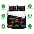 Black dragonfly bedding set with colorful wing designs presented in a clean bedroom layout