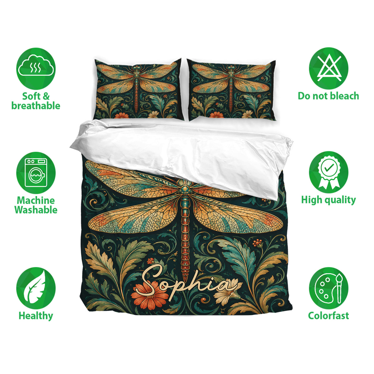 Dragonfly bedding set shown with matching pillowcases and detailed botanical artwork in rich jewel tones