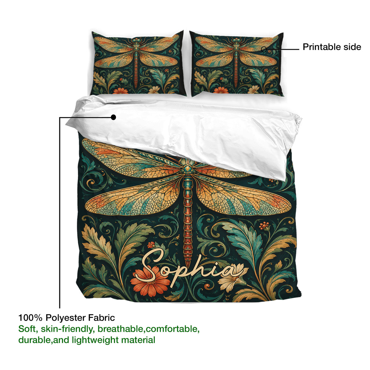 Dragonfly duvet cover bedding set detail highlighting the printed side, soft fabric, and large botanical motif