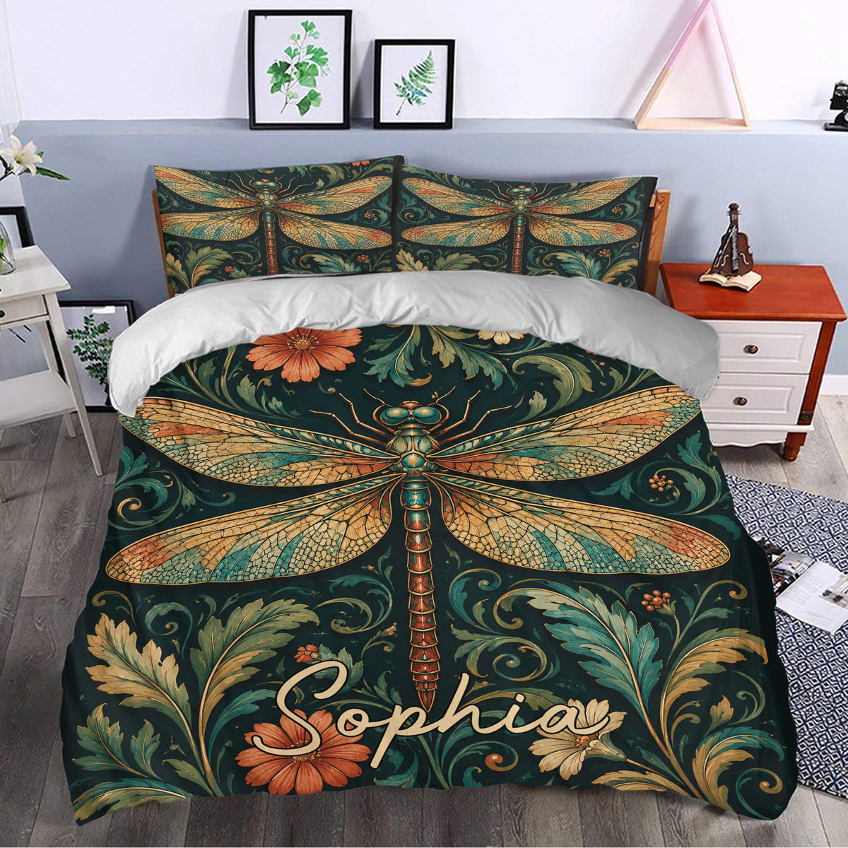Dragonfly duvet cover styled in a bedroom with oversized wings, flowers, and scrolling foliage artwork