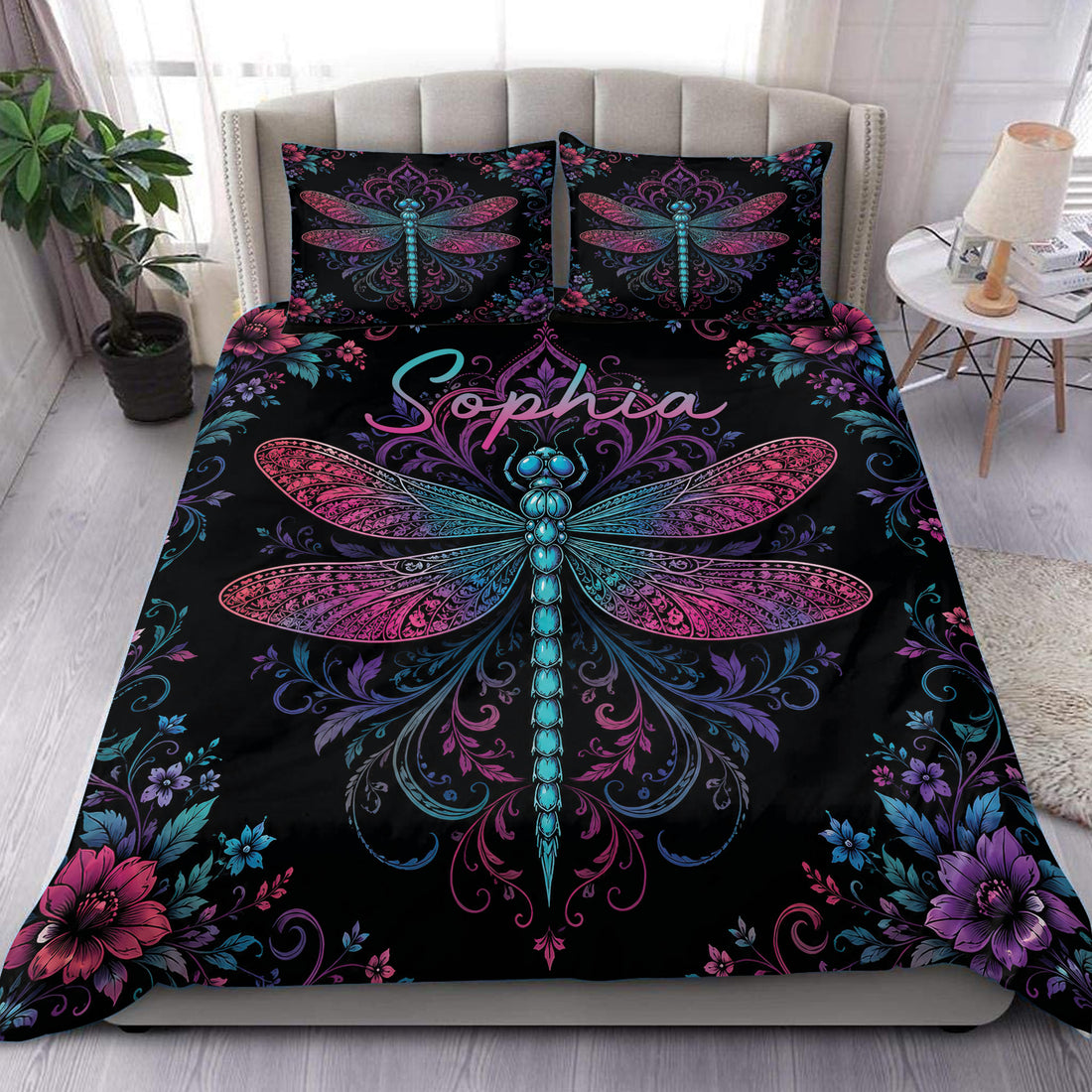 Dragonfly duvet cover set displayed on a bed with vivid pink, purple, and turquoise floral artwork