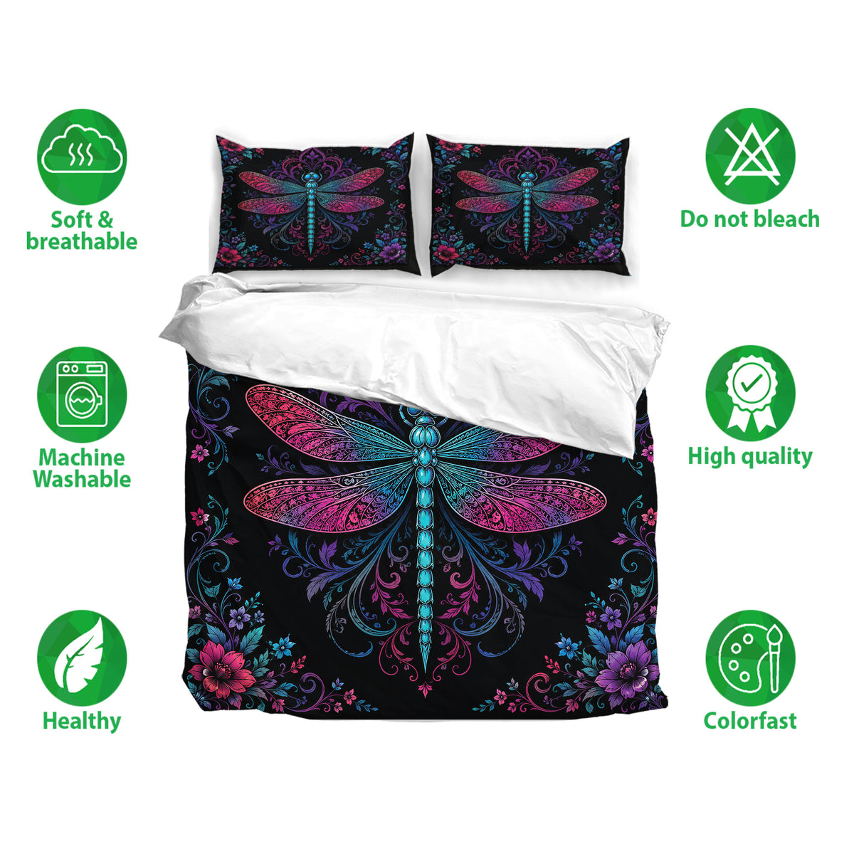 Dragonfly duvet cover bedding set shown with soft breathable fabric and care feature symbols