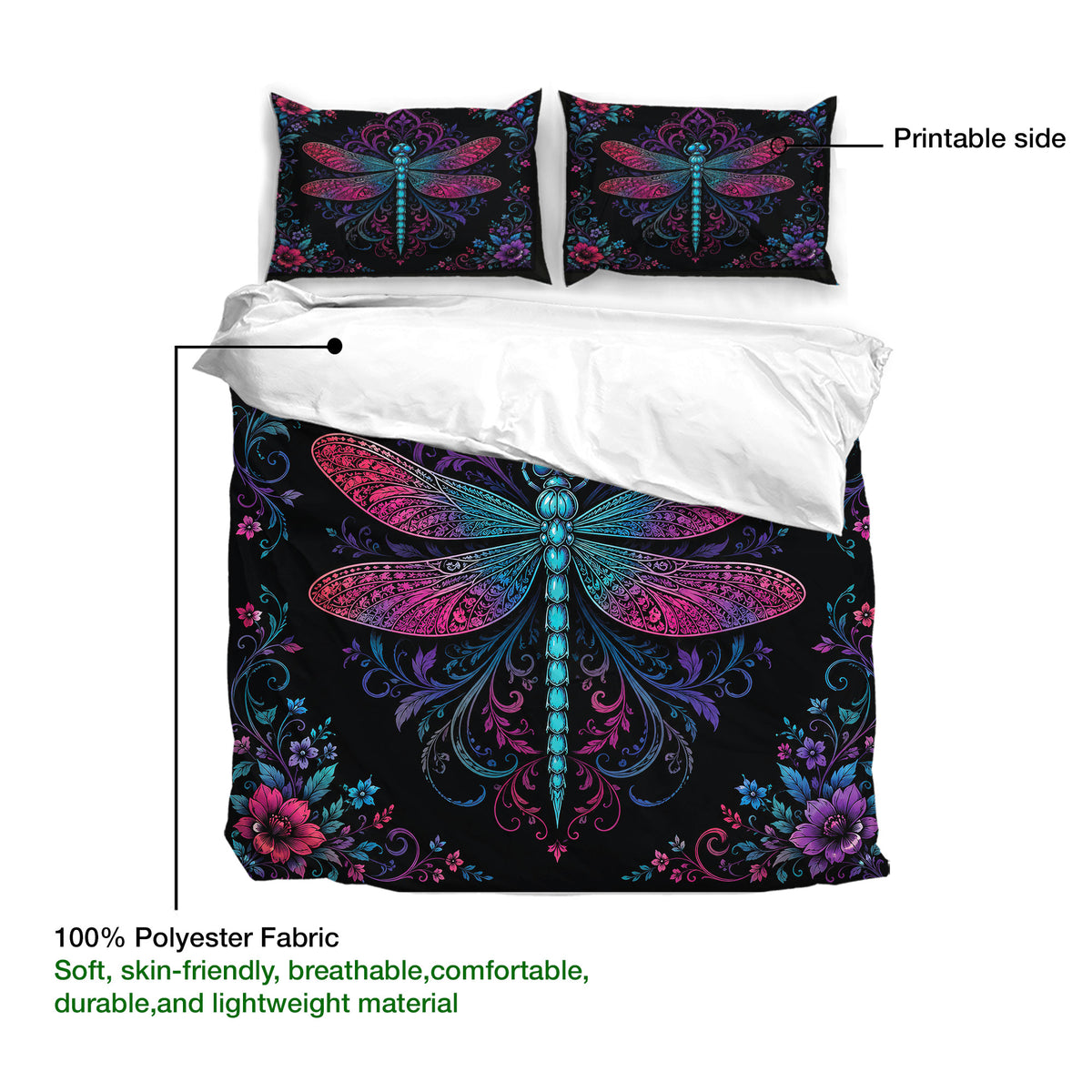 Dragonfly duvet cover set displayed with a colorful floral pattern and soft polyester fabric detail