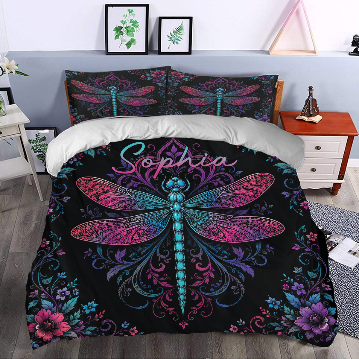 Dragonfly duvet cover bedding set styled in a bedroom with bold black, pink, purple, and turquoise artwork