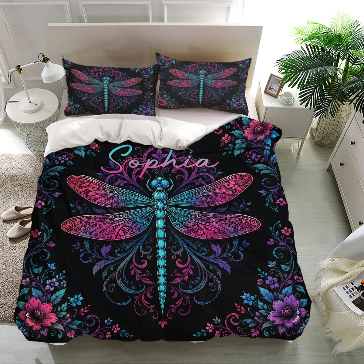 Dragonfly duvet cover set presented on a bright bedroom bed with coordinated floral pillowcases