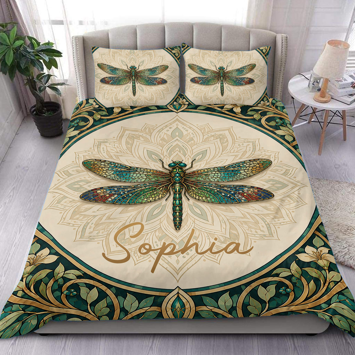 Dragonfly duvet cover set displayed on a bed with ornate mandala patterns, teal borders, and botanical details