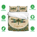 Dragonfly bedding set with colorful wing artwork, botanical borders, and a soft cream and teal bedroom design