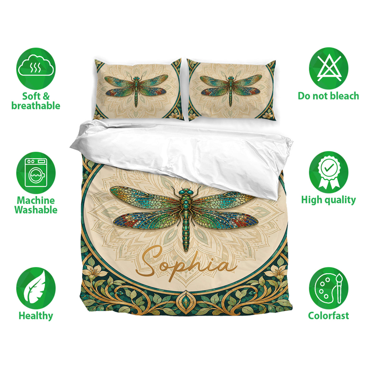 Dragonfly bedding set with colorful wing artwork, botanical borders, and a soft cream and teal bedroom design