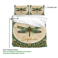 Dragonfly duvet cover set shown with large winged artwork, ornate botanical framing, and a soft polyester fabric label