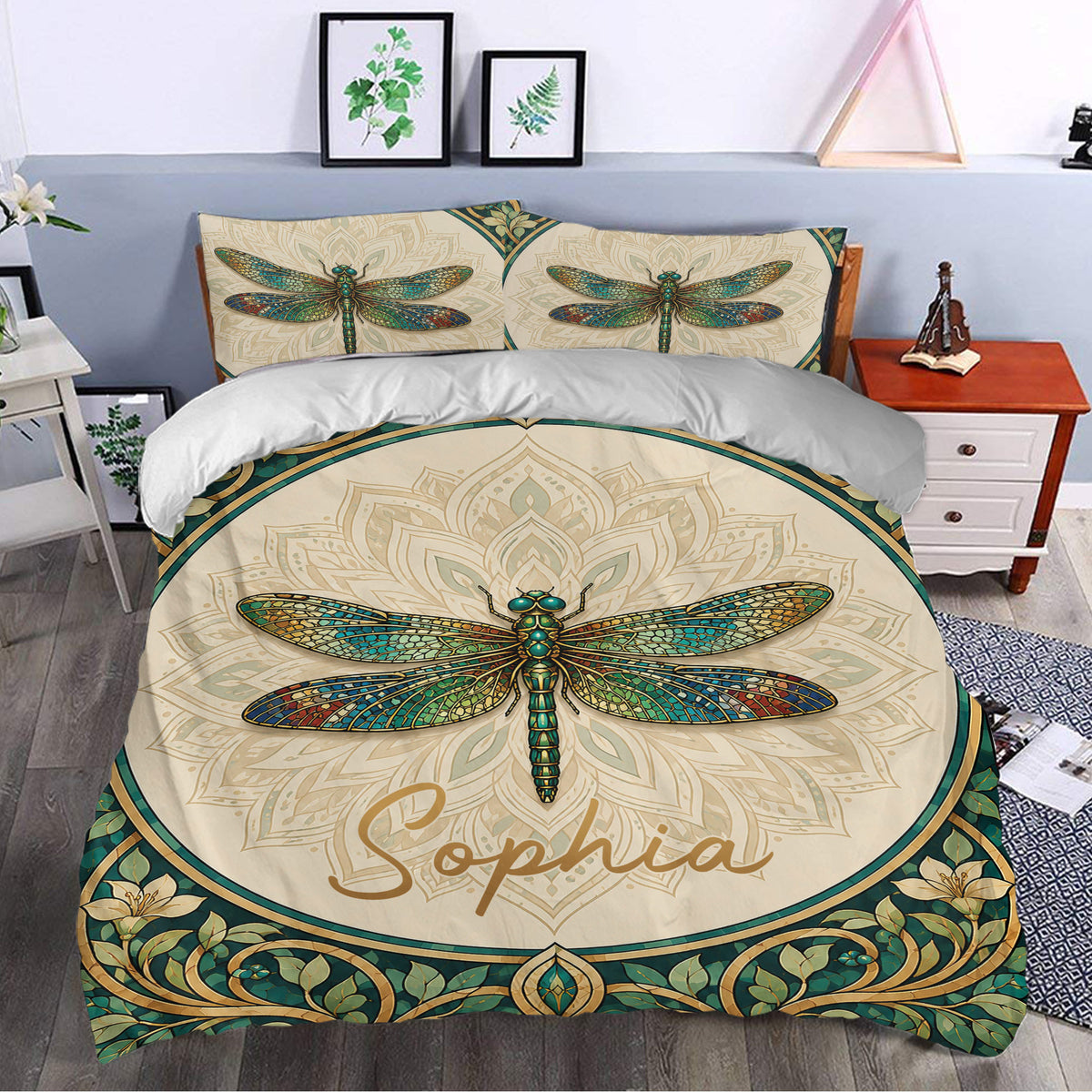 Dragonfly duvet cover bedding displayed in a bright bedroom with cream, teal, green, and gold decorative artwork