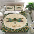 Dragonfly bedding set styled in a modern bedroom with colorful insect artwork, botanical borders, and matching pillowcases