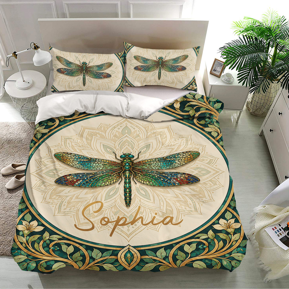 Dragonfly bedding set styled in a modern bedroom with colorful insect artwork, botanical borders, and matching pillowcases