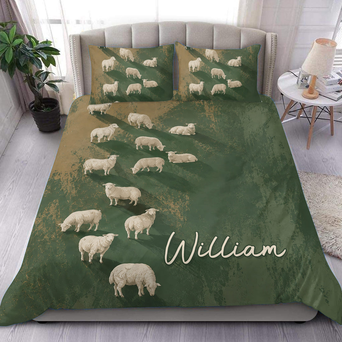 Green sheep duvet cover set styled on a bed with matching pillowcases and rustic pastoral artwork